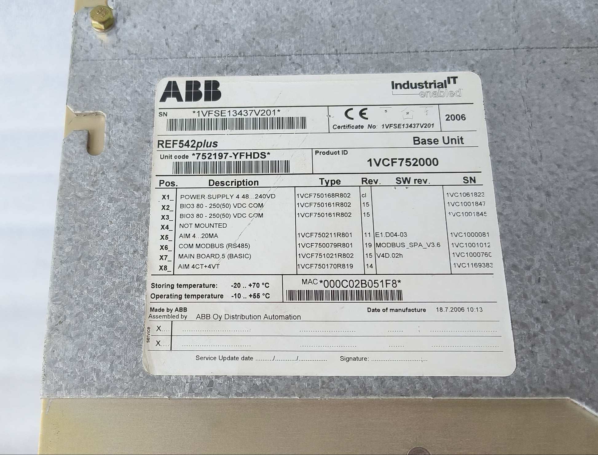 ABB REF542PLUS 1VCF752000 BASE UNIT