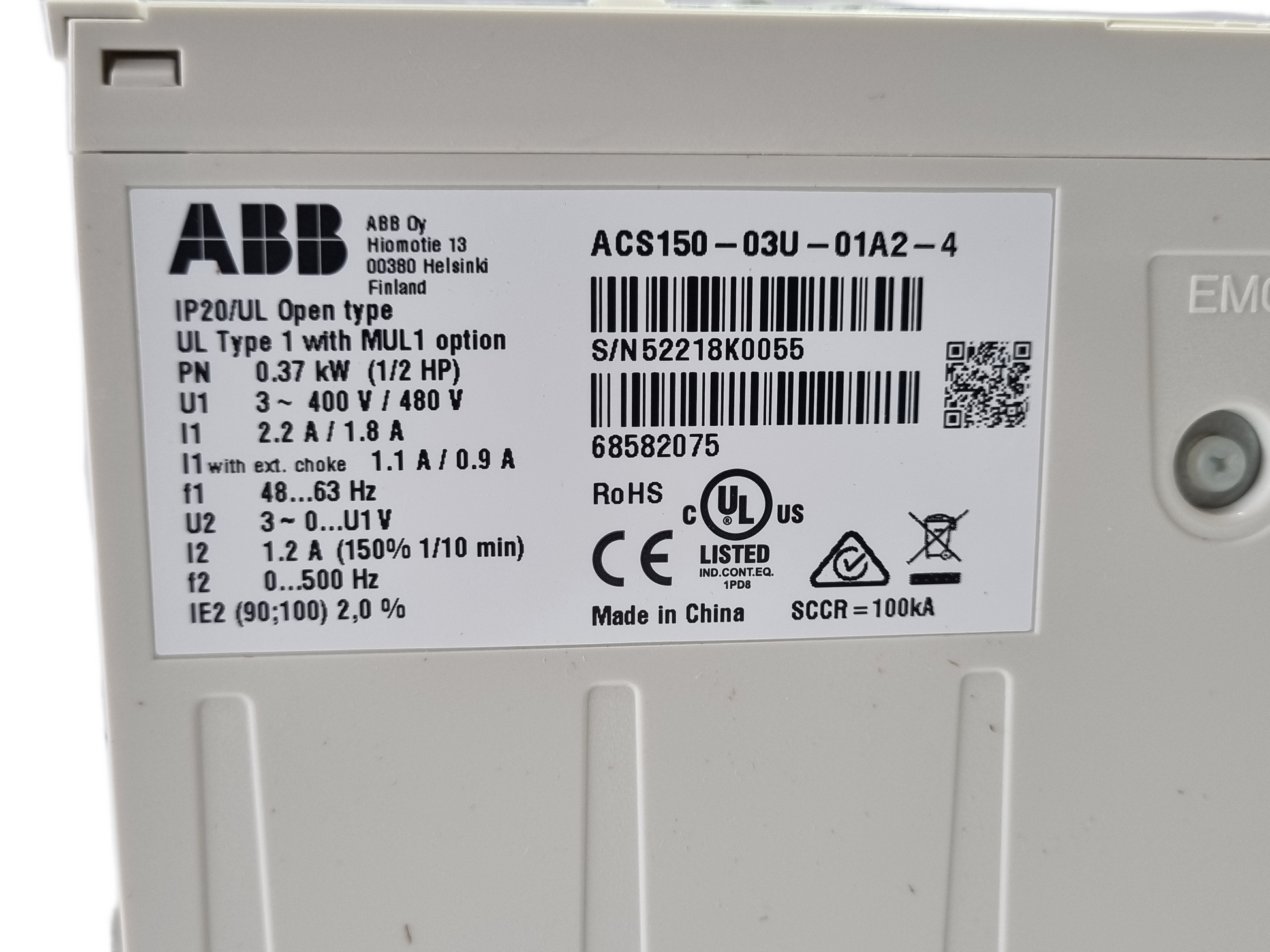 ABB ACS150-03U-01A2-4 LV AC MICRO DRIVE 0.37KW 1/2 HP