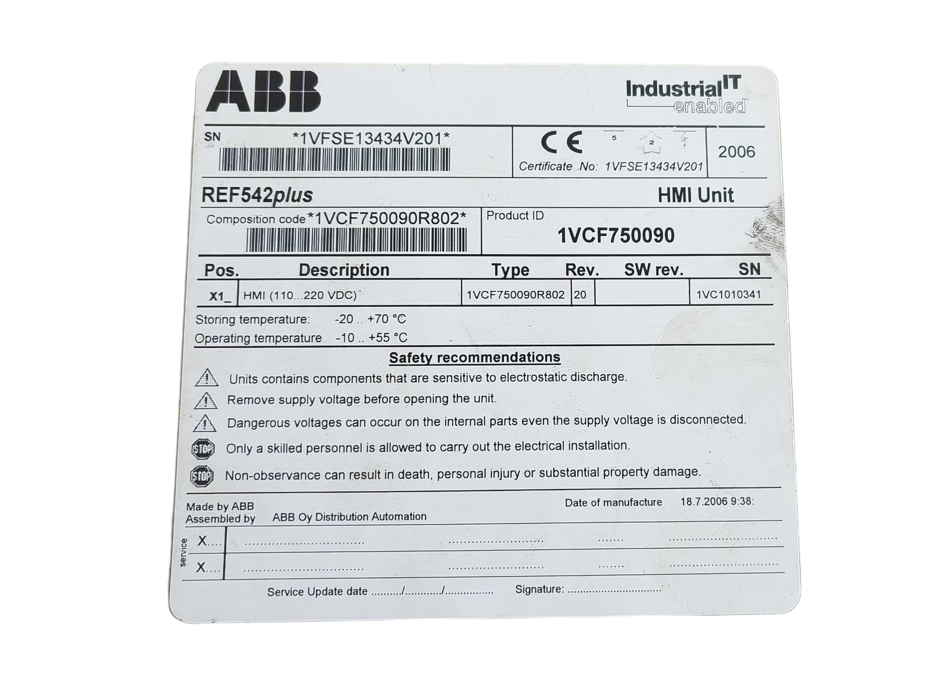ABB REF542 PLUS 1VFC750090 HMI UNIT