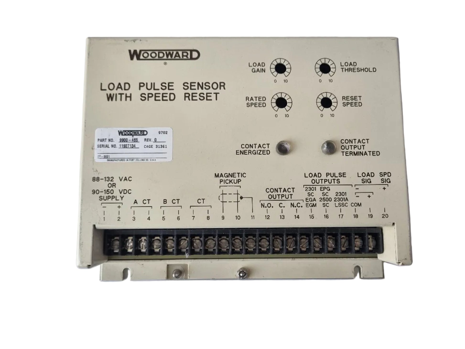 WOODWARD 9900-465 REV G LOAD PULSE SENSOR WITH SPEED RESET MODULE – USED